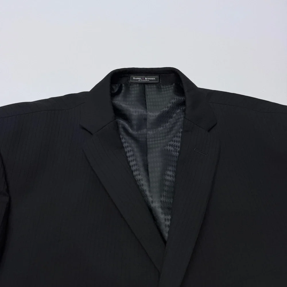 Haines & Bonner London Mens 48R Wool Blazer Black Pinstrip Purple Paisley Lining